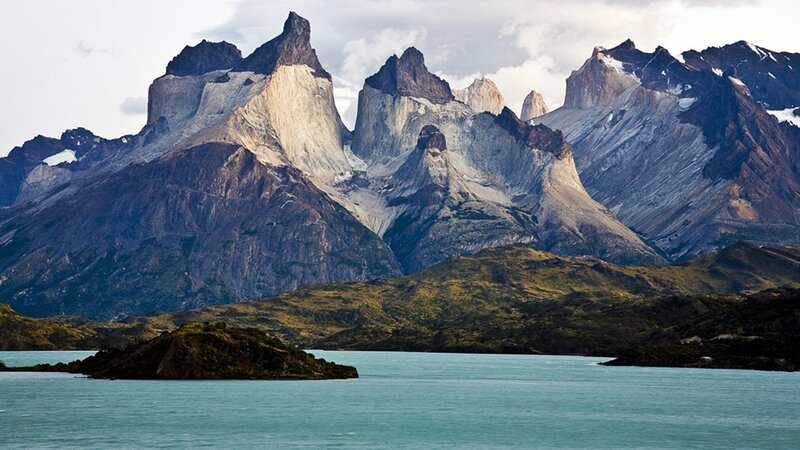 Mountain Peaks and Lake — Blue, Dramatic, Afternoon, Photograph, Island