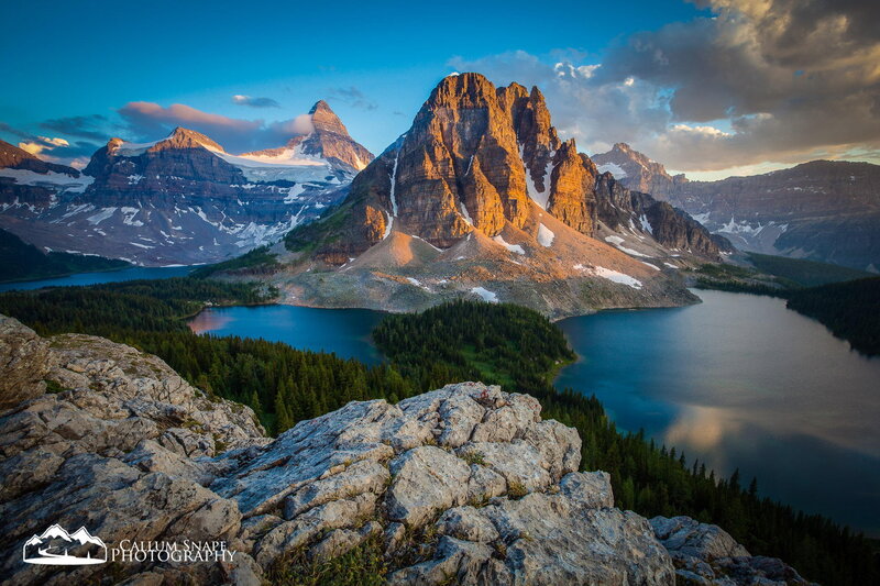 Mountain Peaks and Lake — Blue, Dramatic, Sunrise, Photograph