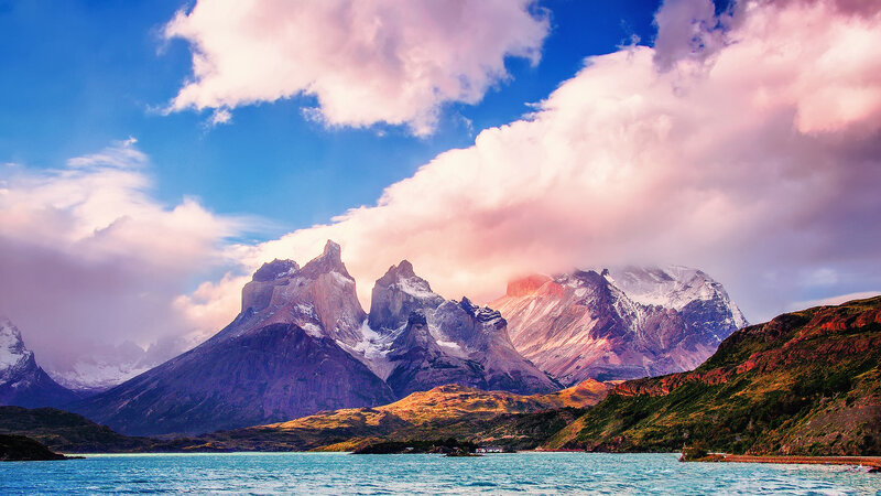 Mountain Peaks and Lake — Blue, Dramatic, Sunrise