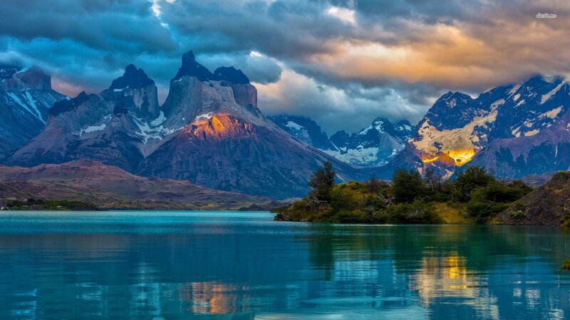 Mountain Peaks and Lake — Blue, Dramatic, Sunset, Photograph, Clouds