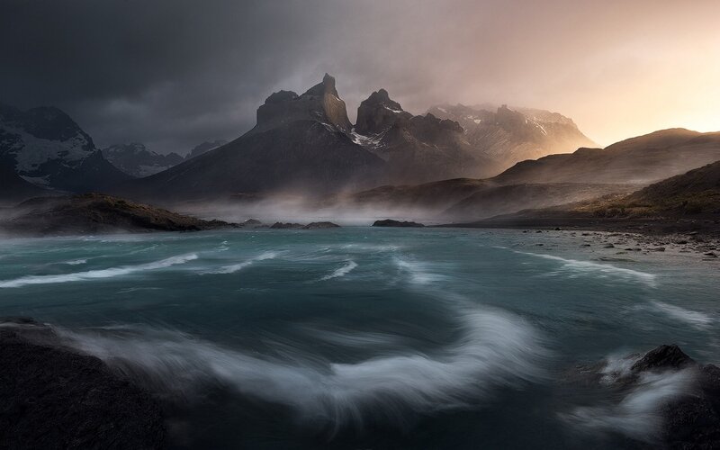 Mountain Peaks and Lake — Blue, Dramatic, Sunset, Photograph, Mountains