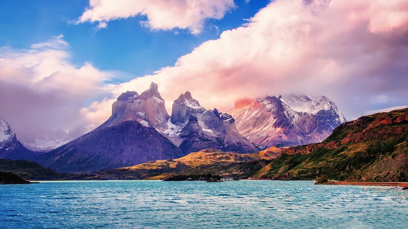 Mountain Peaks and Lake — Blue, Dramatic, Sunset, Photograph