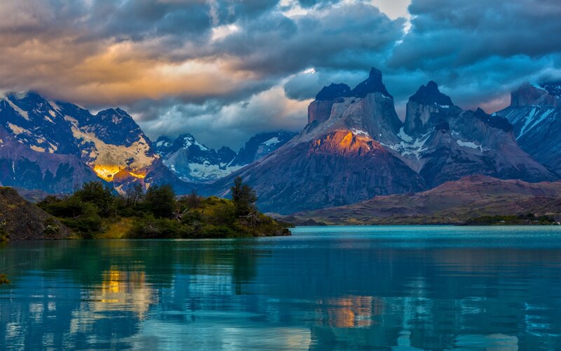 Mountain Peaks and Lake — Blue, Dramatic, Sunset