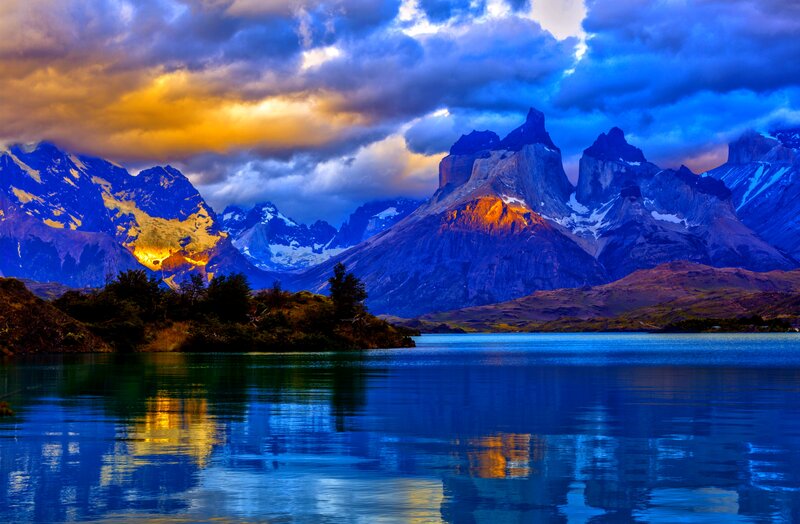 Mountain Peaks and Lake — Blue, Dramatic