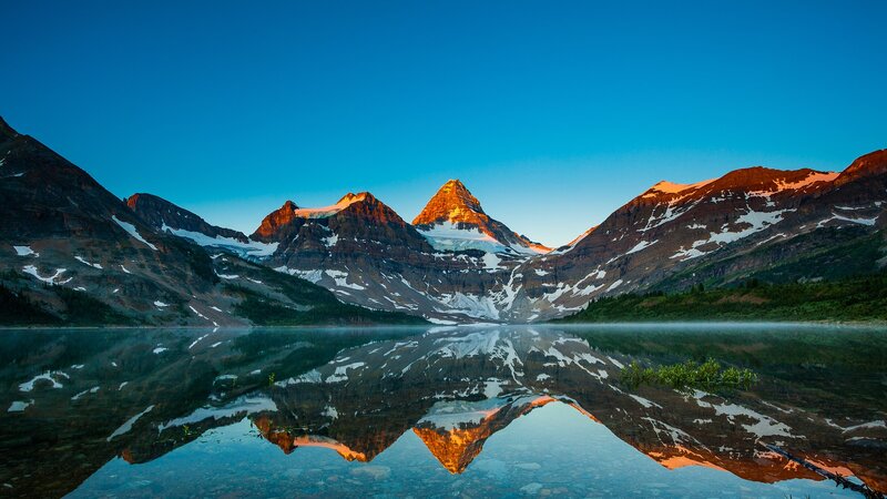 Mountain Peaks and Lake — Blue, Serene, Sunrise, Photograph, Snow