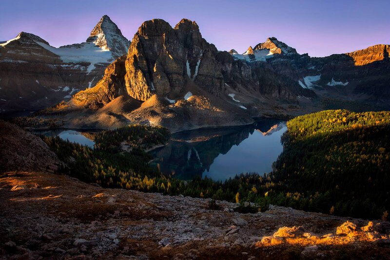 Mountain Peaks and Lake — Blue, Serene, Sunrise, Photograph