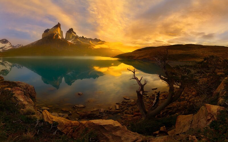 Mountain Peaks and Lake — Gold