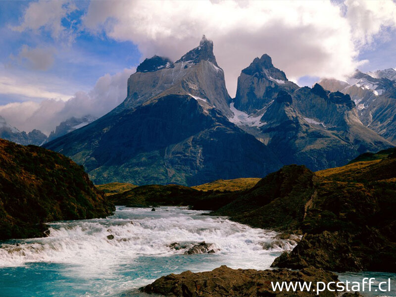 Mountain Peaks and River — Blue, Dramatic