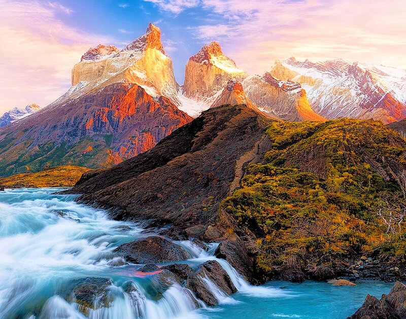 Mountain Peaks and River — Blue