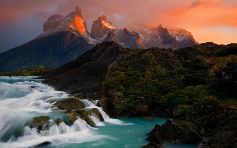 Mountain Peaks and River — Orange, Dramatic, Sunset, Photograph, Mountains, Forest