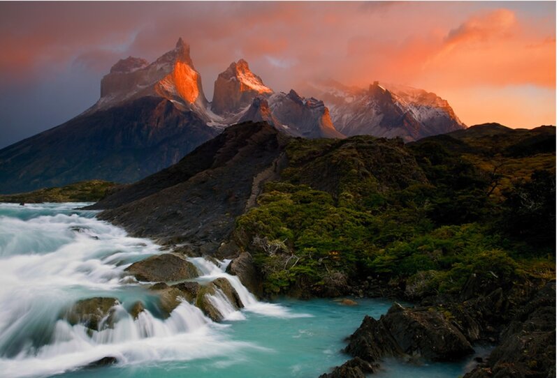 Mountain Peaks and River — Orange, Dramatic, Sunset, Photograph, Mountains