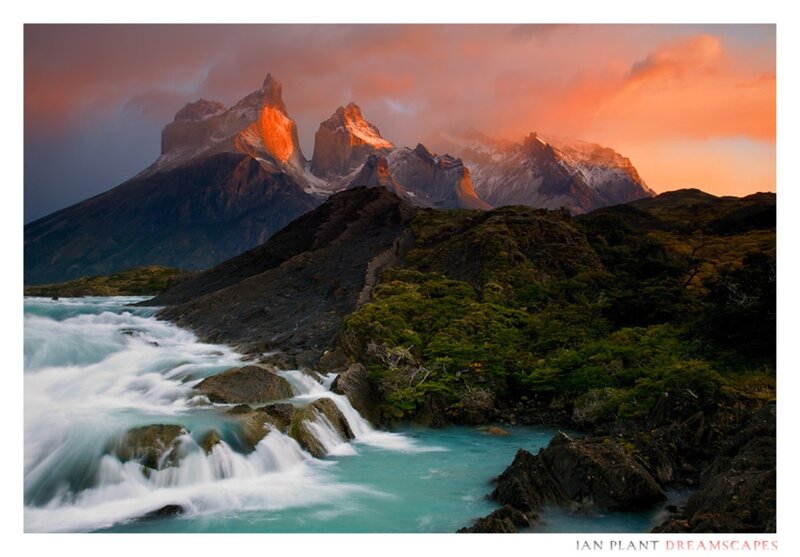 Mountain Peaks and River — Orange, Dramatic, Sunset, Photograph