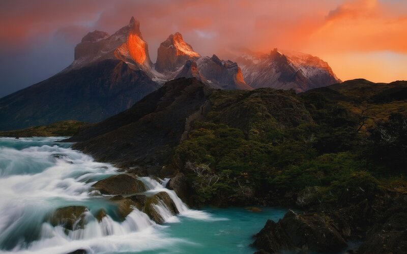 Mountain Peaks and River — Orange, Dramatic, Sunset, Photograph, Trees, Clouds