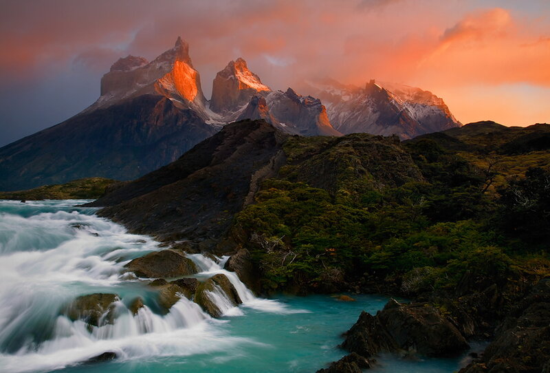 Mountain Peaks and River — Orange, Dramatic, Sunset, Photograph, Trees