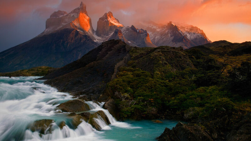 Mountain Peaks and River — Orange, Dramatic, Sunset