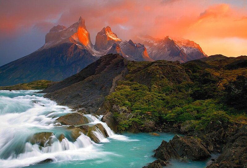 Mountain Peaks and River — Orange, Dramatic