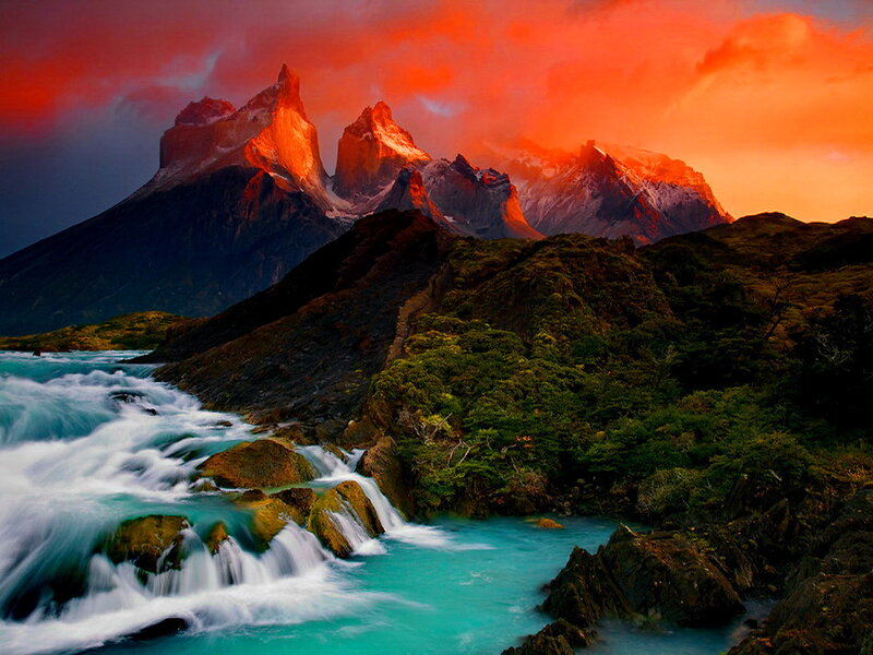 Mountain Peaks and River — Red