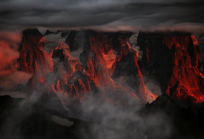 Mountain Peaks at Dusk — Red, Dramatic