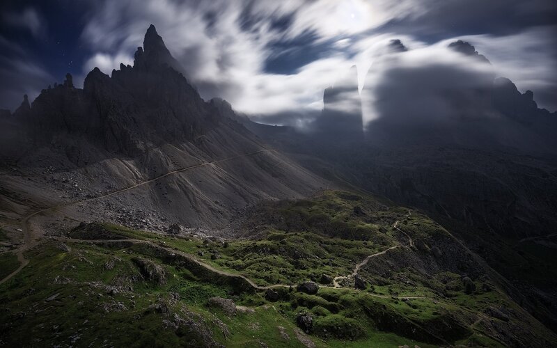 Mountain Peaks at Night — Green