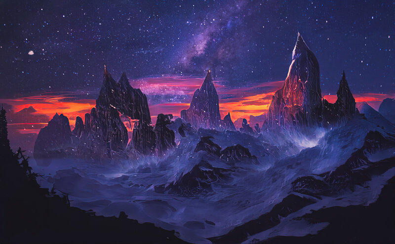 Mountain Peaks at Night — Purple, Dramatic