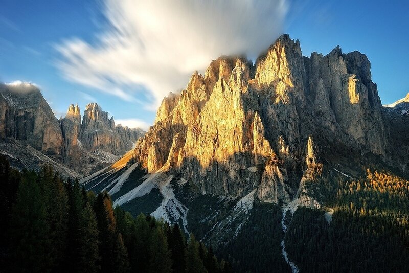 Mountain Peaks at Sunrise — Blue, Dramatic, Photograph, Clouds, Forest