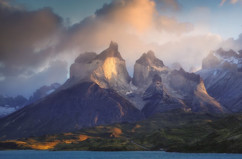 Mountain Peaks at Sunrise — Blue, Dramatic, Photograph, Clouds, Lake