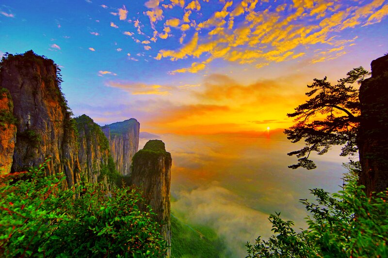 Mountain Peaks at Sunrise — Blue, Dramatic, Photograph, Clouds