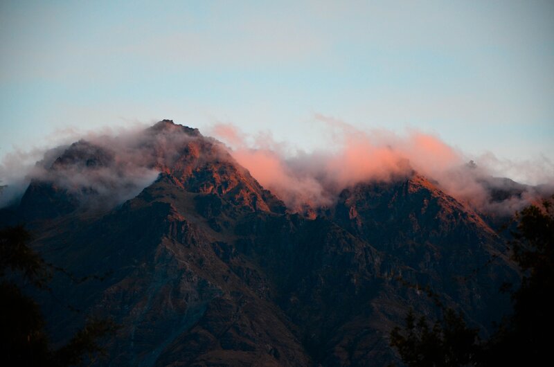 Mountain Peaks at Sunrise — Blue, Serene, Photograph, Clouds