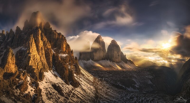 Mountain Peaks at Sunrise — Brown, Dramatic, Photograph, Clouds, Sun