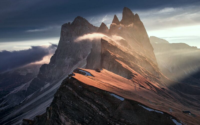 Mountain Peaks at Sunrise — Brown, Dramatic, Photograph