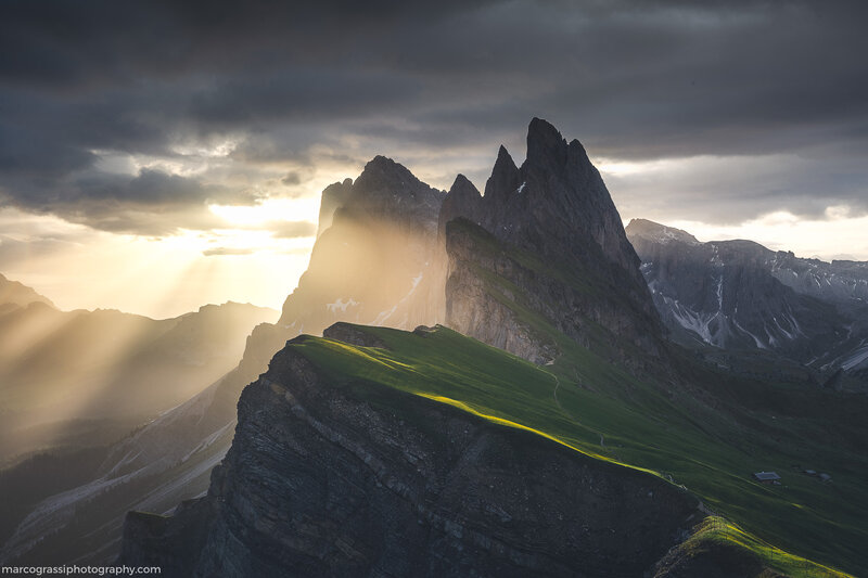 Mountain Peaks at Sunrise — Green, Dramatic