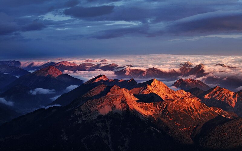 Mountain Peaks at Sunrise — Orange, Dramatic, Photograph, Clouds, Sky