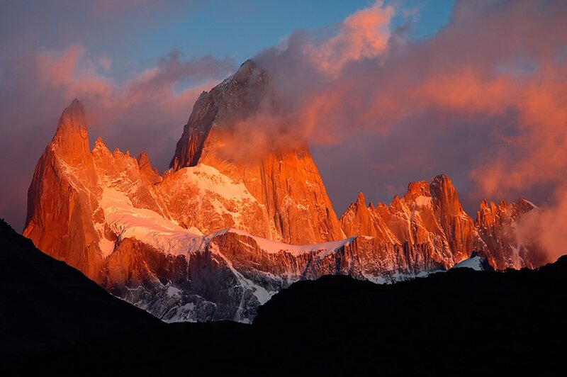 Mountain Peaks at Sunrise — Orange, Dramatic, Photograph, Clouds, Snow, Sky