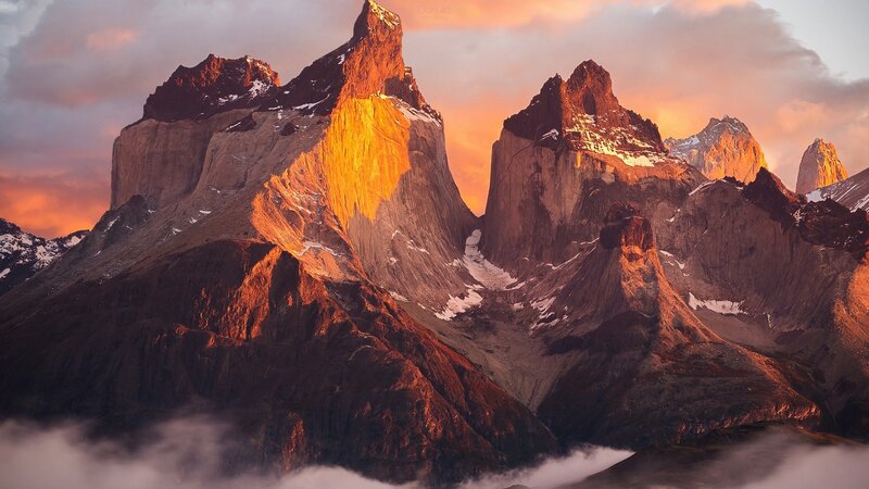 Mountain Peaks at Sunrise — Orange, Dramatic, Photograph, Clouds, Snow