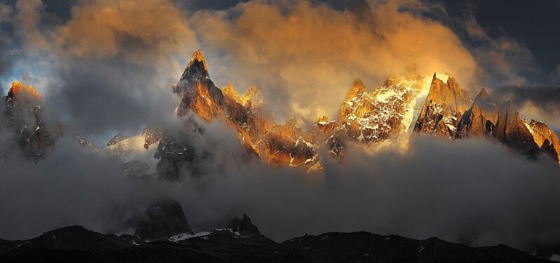 Mountain Peaks at Sunrise — Orange, Dramatic, Photograph, Clouds