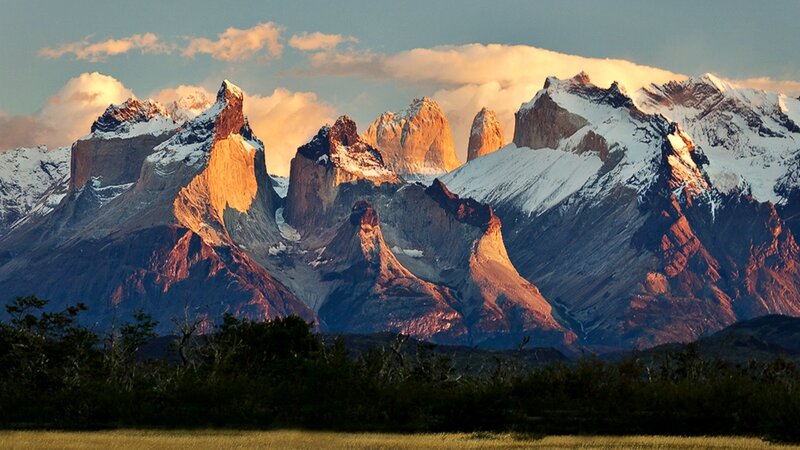 Mountain Peaks at Sunrise — Orange, Dramatic, Photograph, Snow, Clouds