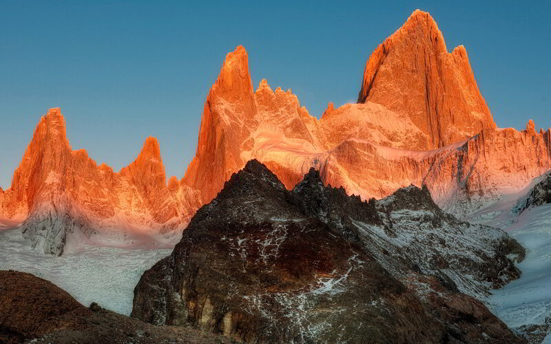 Mountain Peaks at Sunrise — Orange, Dramatic, Photograph, Snow, Sky