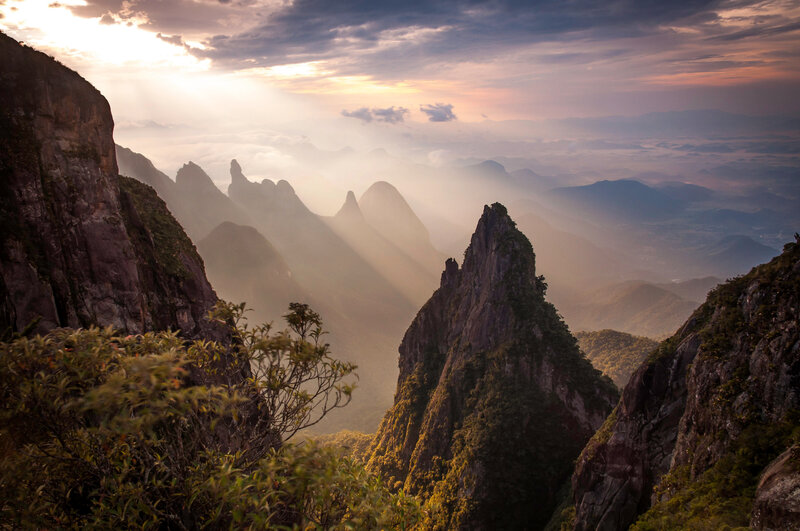 Mountain Peaks at Sunrise — Orange, Dramatic, Photograph, Sunlight