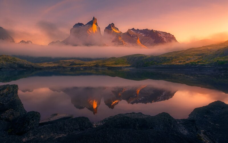 Mountain Peaks at Sunrise — Orange, Serene, Photograph, Lake
