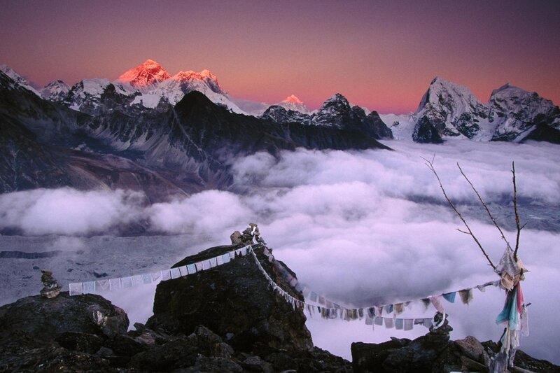 Mountain Peaks at Sunrise — Purple, Serene, Photograph, Clouds