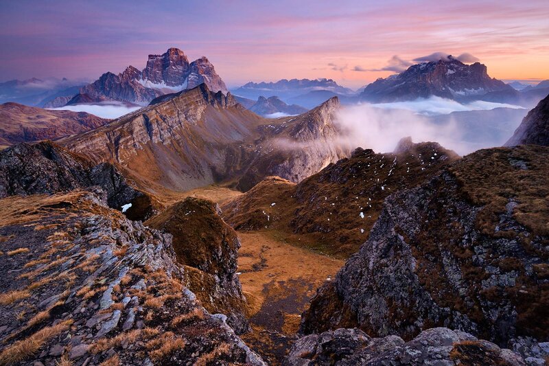 Mountain Peaks at Sunrise — Purple, Serene