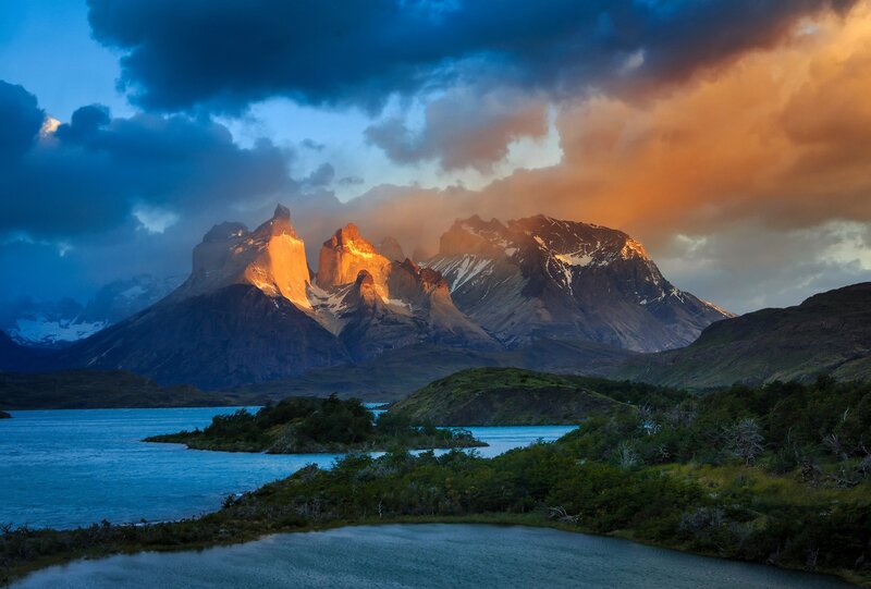 Mountain Peaks at Sunset — Blue, Dramatic, Photograph, Mountains, Lake