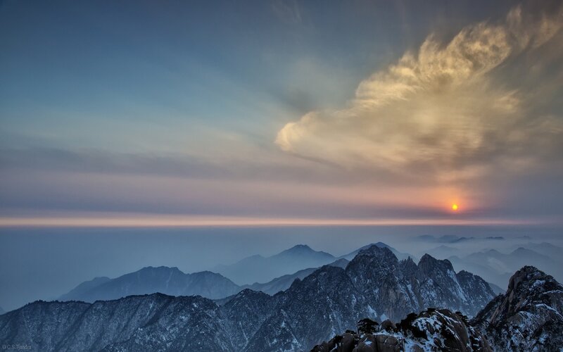 Mountain Peaks at Sunset — Blue, Serene