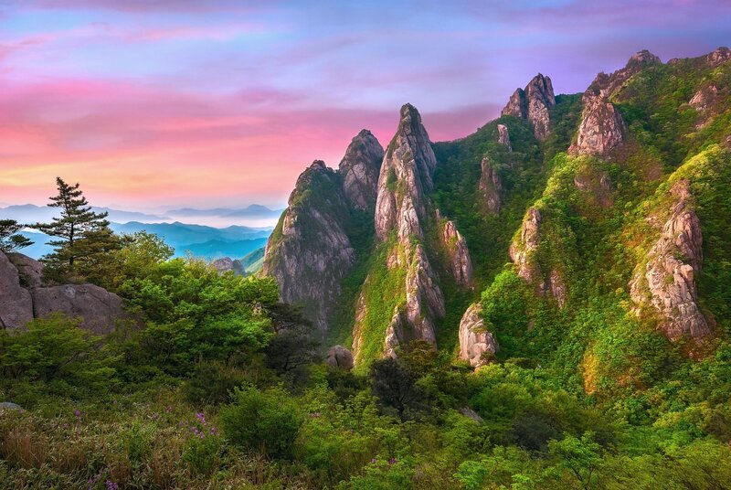 Mountain Peaks at Sunset — Green, Serene