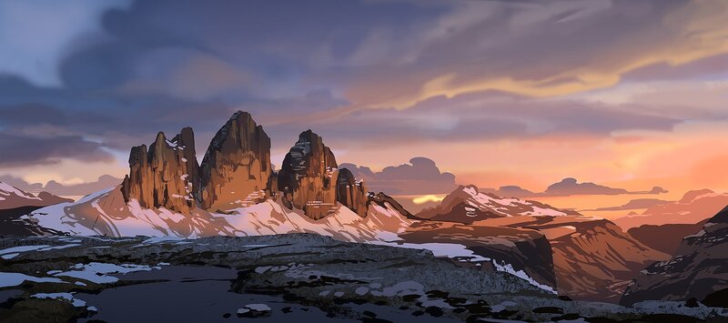 Mountain Peaks at Sunset — Orange, Dramatic, Digital Art