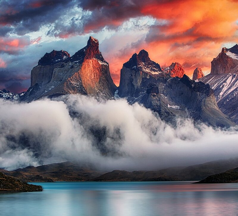 Mountain Peaks at Sunset — Orange, Dramatic, Photograph, Clouds, Lake