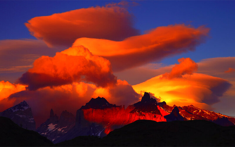 Mountain Peaks at Sunset — Orange, Dramatic, Photograph, Clouds, Sky
