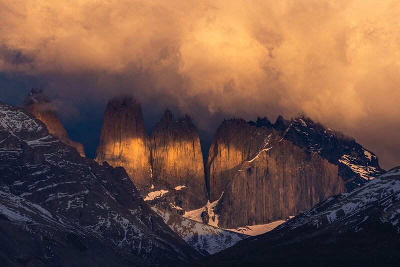 Mountain Peaks at Sunset — Orange, Dramatic, Photograph, Clouds, Snow, Rock