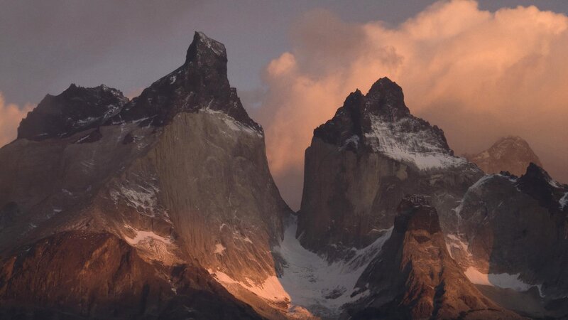 Mountain Peaks at Sunset — Orange, Dramatic, Photograph, Clouds, Snow
