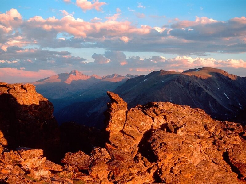 Mountain Peaks at Sunset — Orange, Dramatic, Photograph, Rocks